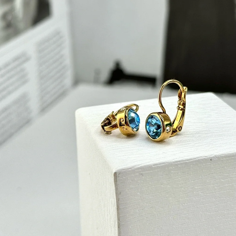 Aquamarine And Clear Crystal Hook Gold Earrings - Picture 3 of 6